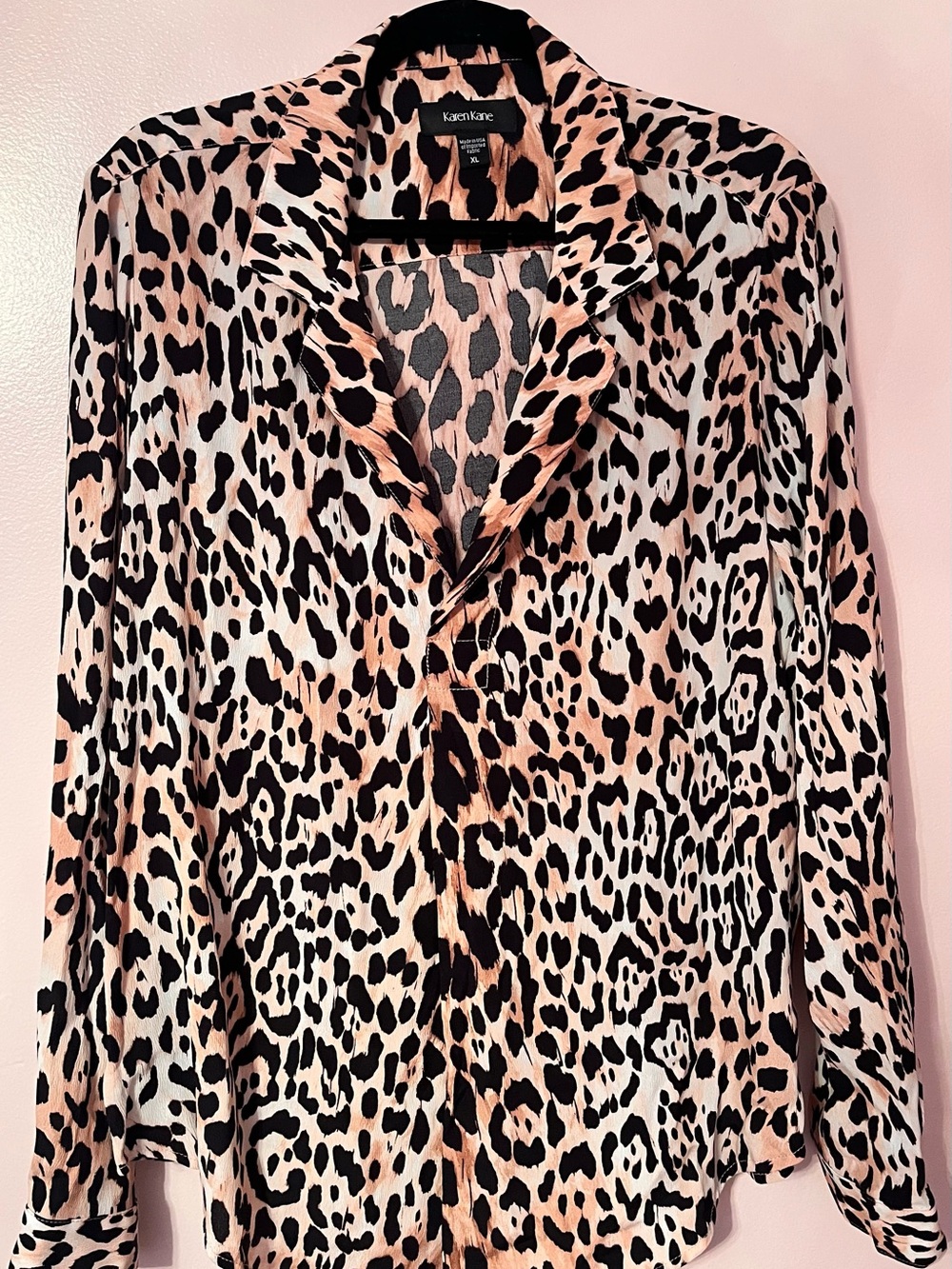 Karen Kane Leopard Print Button-Down Blouse in Beige and Black